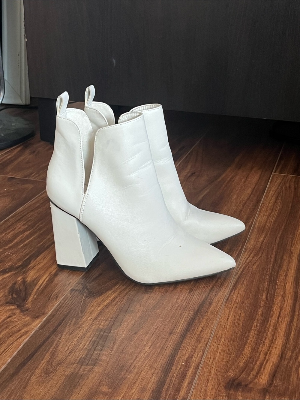 Bamboo White Women's Pointed Toe Block Heel Ankle Boots
